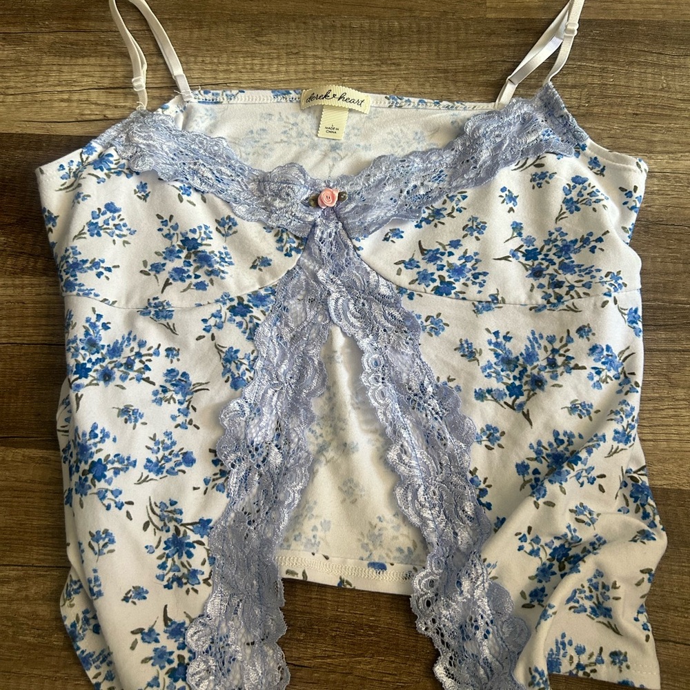 Blue Floral Lace Trim Cami Top